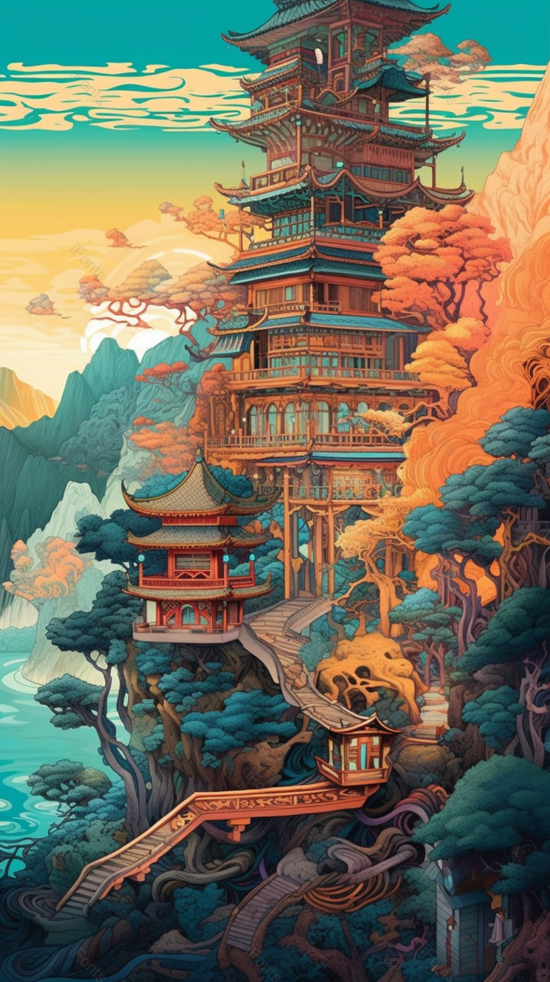 国潮山川河流建筑插画背景,插画/手绘图,插画/手绘图库,插画/手绘图下载,插画/手绘